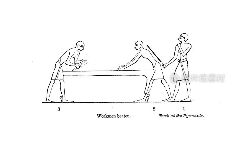 19 c雕刻;从金字塔附近的坟墓中取出;工人被主管殴打;《古埃及人的通俗故事》1854年
